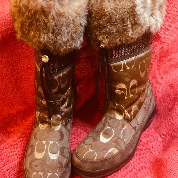 Coach Logo Brown Gold Boots Fur Lizzy